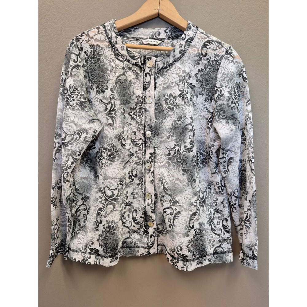 Laura Ashley Womens Lightweight Sheer Lace Cardigan Floral Button Front Top Med